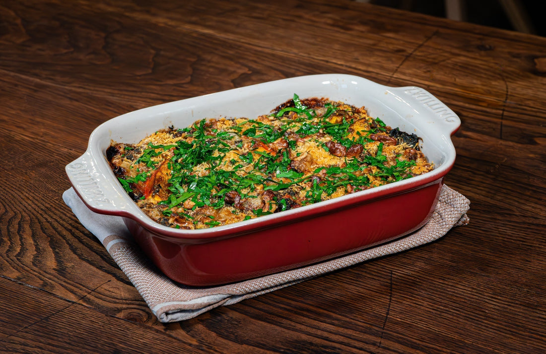 Kürbis-Spinat-Auflauf mit Gorgonzola und Walnüssen