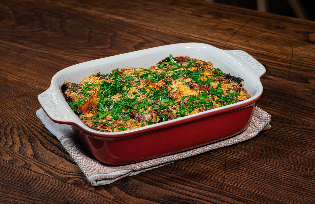 Kürbis-Spinat-Auflauf mit Gorgonzola und Walnüssen