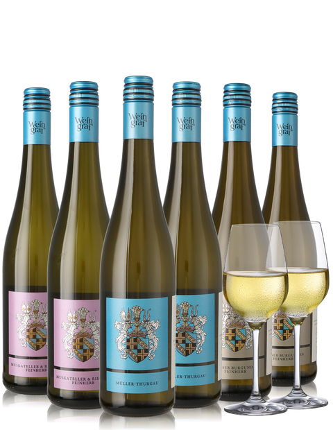 6er Weinpaket halbtrocken/ feinherbe Weißweine aus Rheinhessen inkl. Gläser