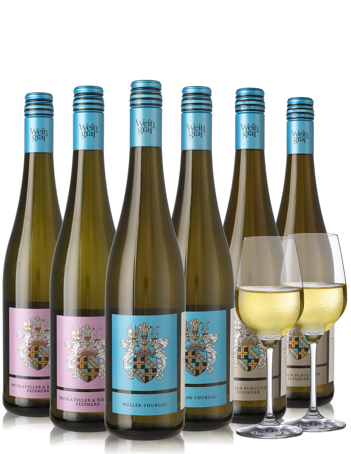 6er Weinpaket halbtrocken/ feinherbe Weißweine aus Rheinhessen inkl. Gläser