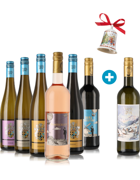 Weihnachts 6er Weinpaket lieblich inkl. 1 Flasche Weihnachtswein & Weihnachtsglocke