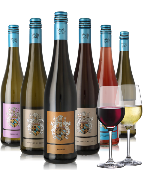 6er Weinpaket, lieblich und süße Weine aus Deutschland inkl. 2 Weingläser